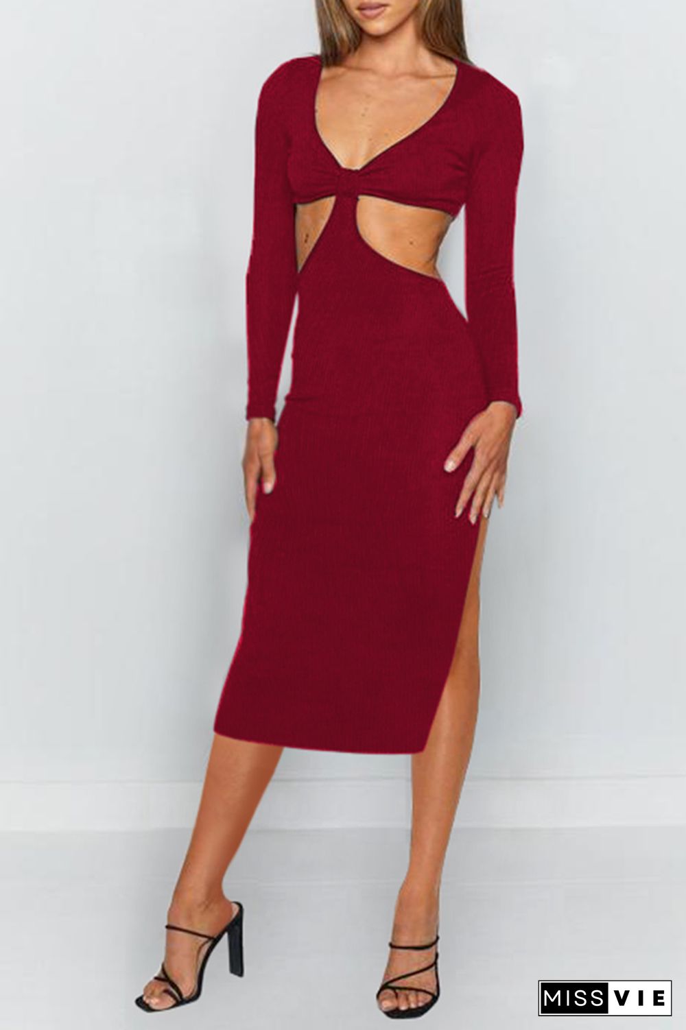 Elegant Solid Hollowed Out Backless Slit V Neck Pencil Skirt Dresses