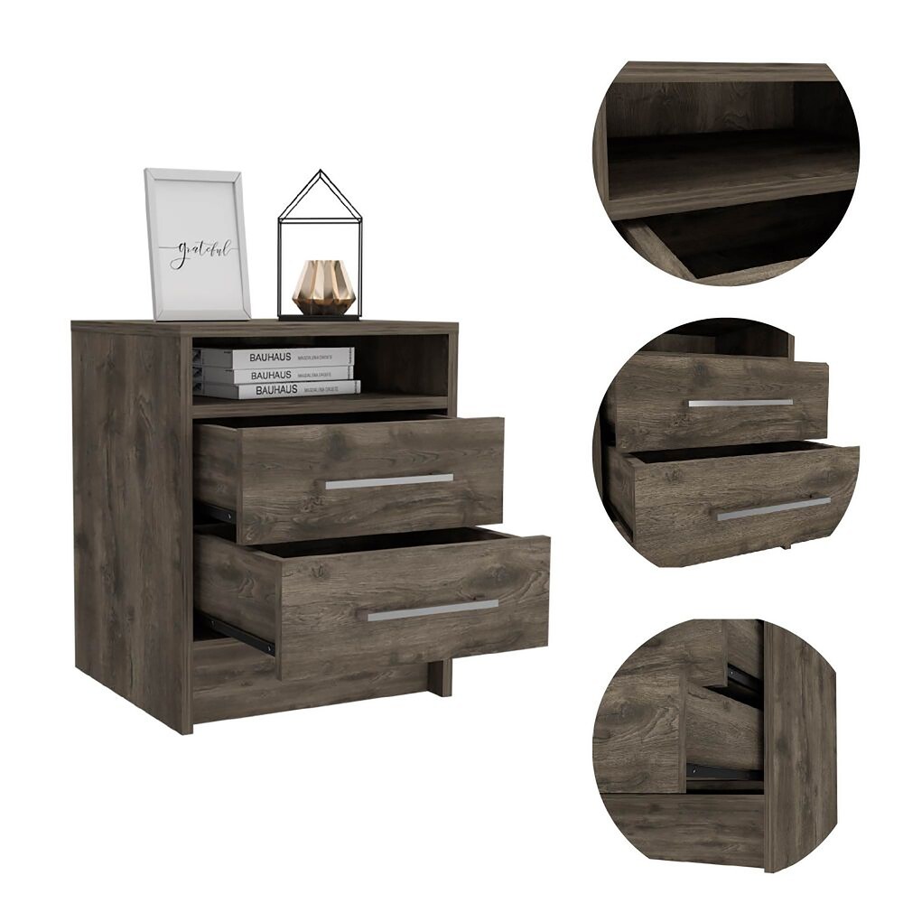 Wooden Nightstand with Two Drawers and Metal Handles