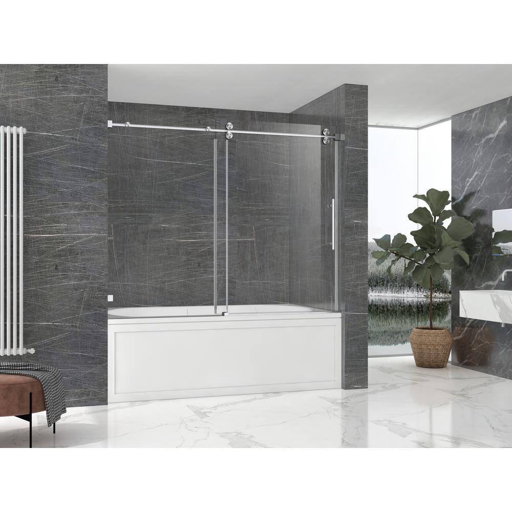 WELLFOR 60 in. W x 66 in. H Single Sliding Frameless Tub Door with 38 in. Clear Glass in Brushed Nickel Bathtub Doors(1-Piece) CV-SS04-6066BR