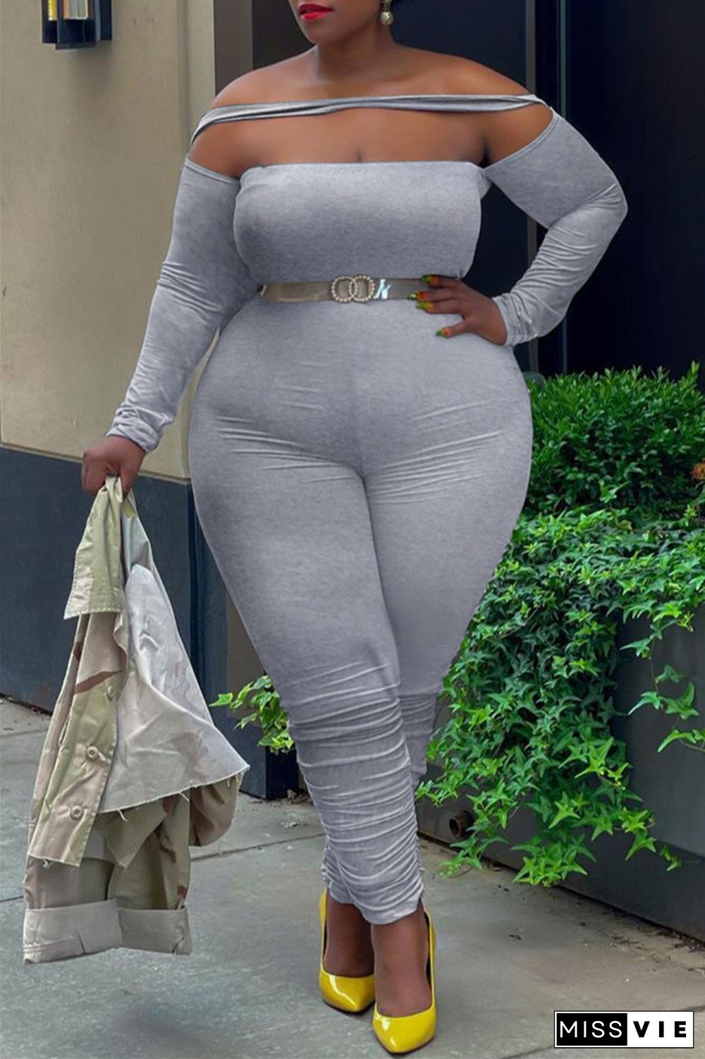 Grey Sexy Casual Solid Patchwork Backless Off the Shoulder Plus Size Jumpsuits(Without Belt)