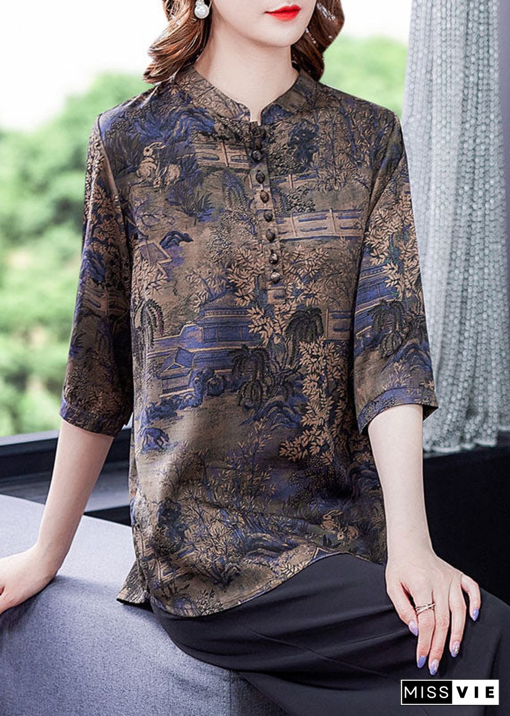 Fashion Blue Patchwork Print Button Silk Blouse Tops Summer