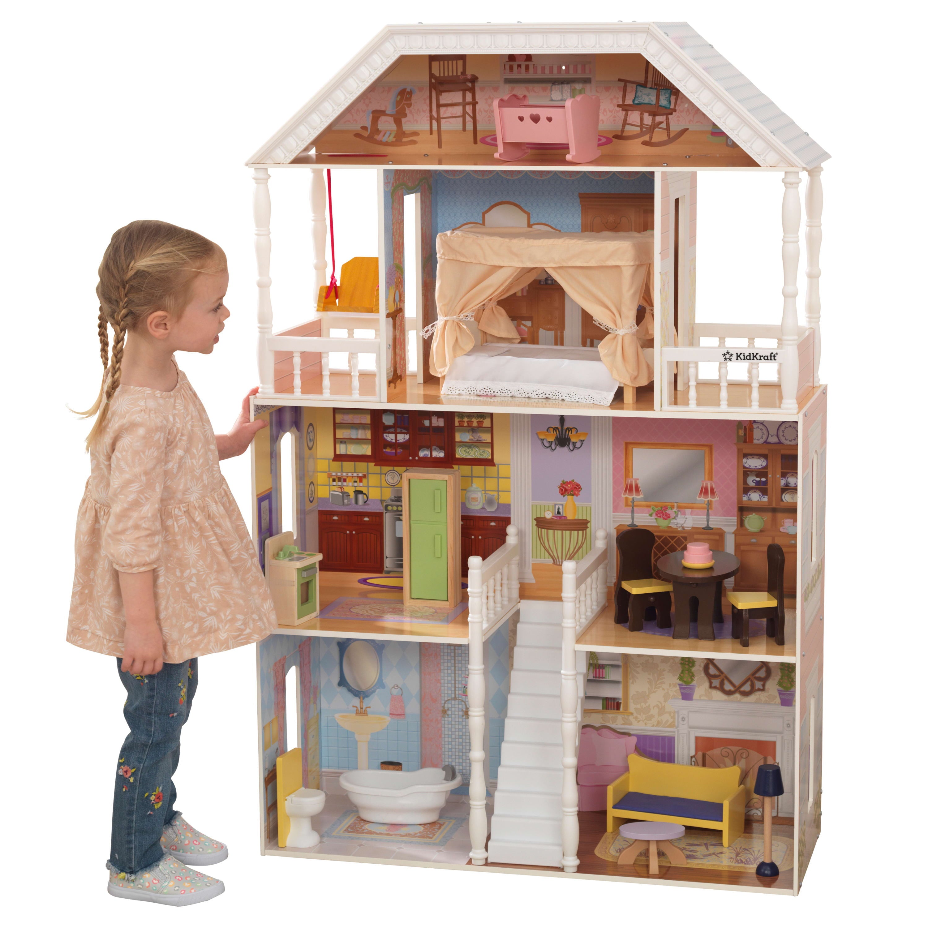 KidKraft Savannah Wooden Dollhouse， Over 4 feet Tall with Porch Swing and 14 Accessories