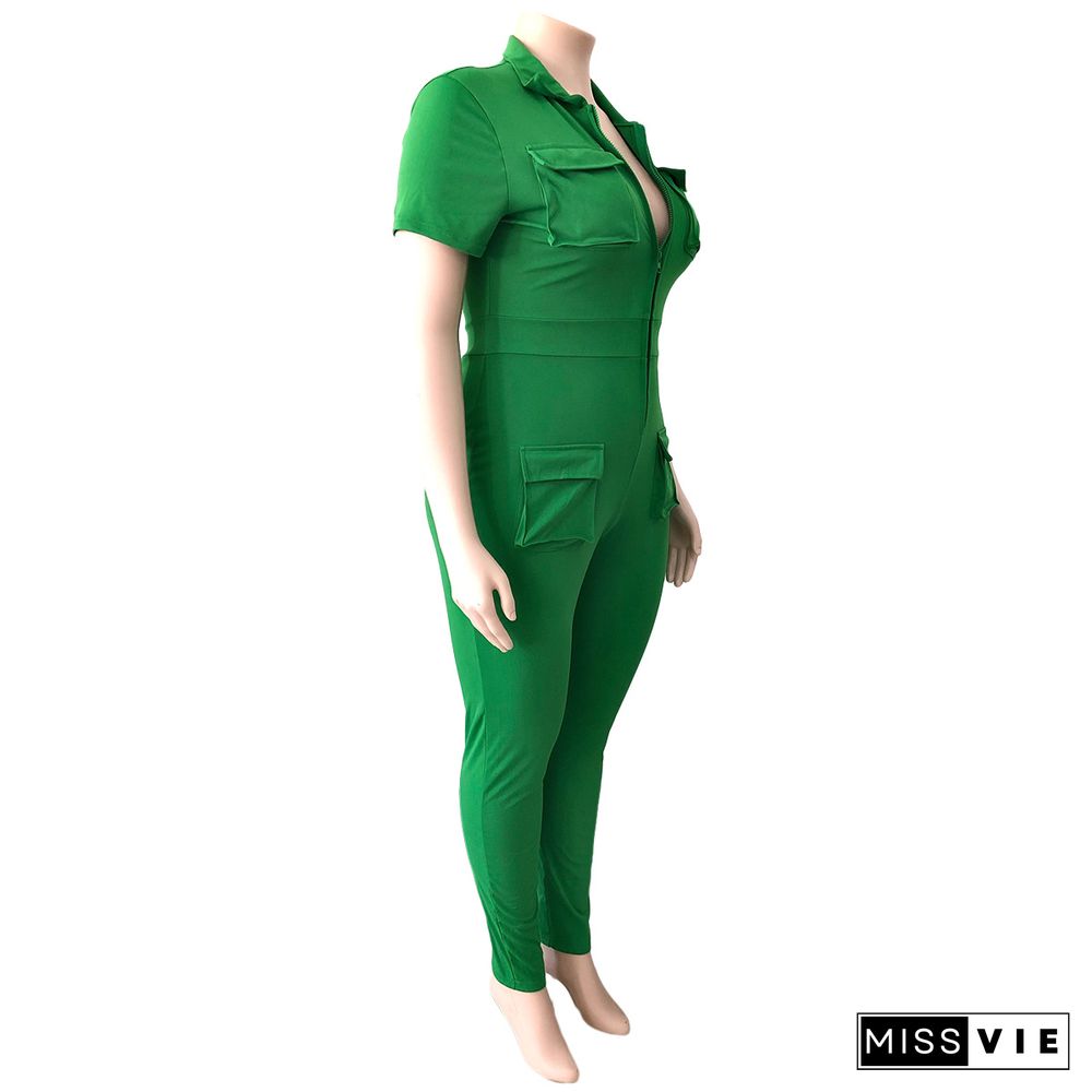 Short Sleeve Zipper Lapel Cargo Jumpsuit With Pocket