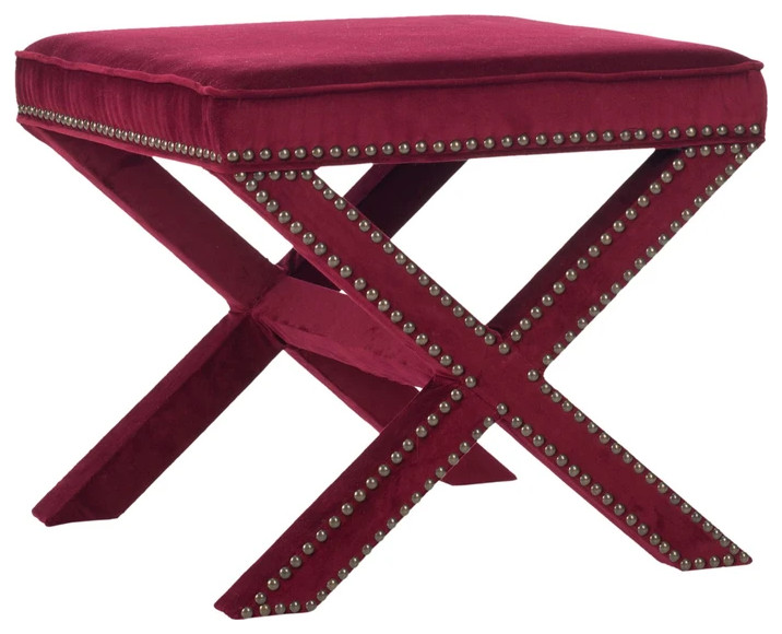 Arnold Ottoman Brass Nail Heads Red Velvet   Contemporary   Footstools And Ottomans   by Peachtree Fine Furniture  Houzz