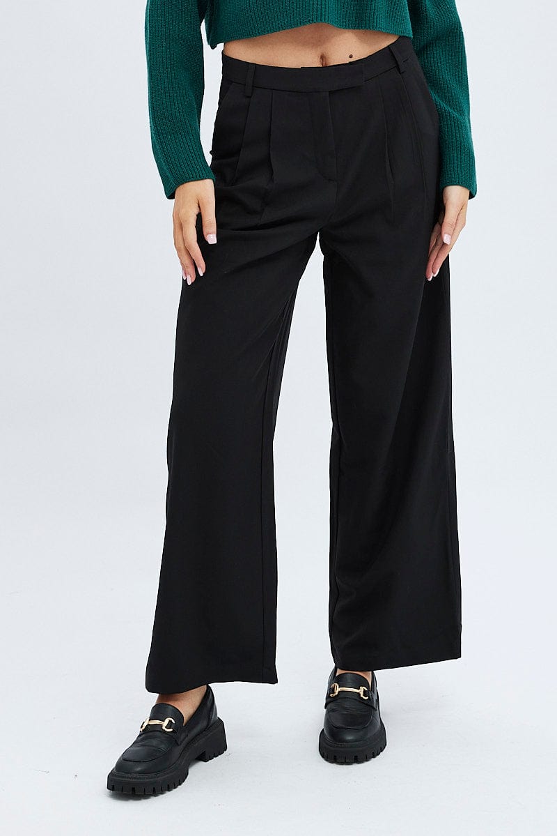Black Wide Leg Pants Turn Down Waist Low Rise