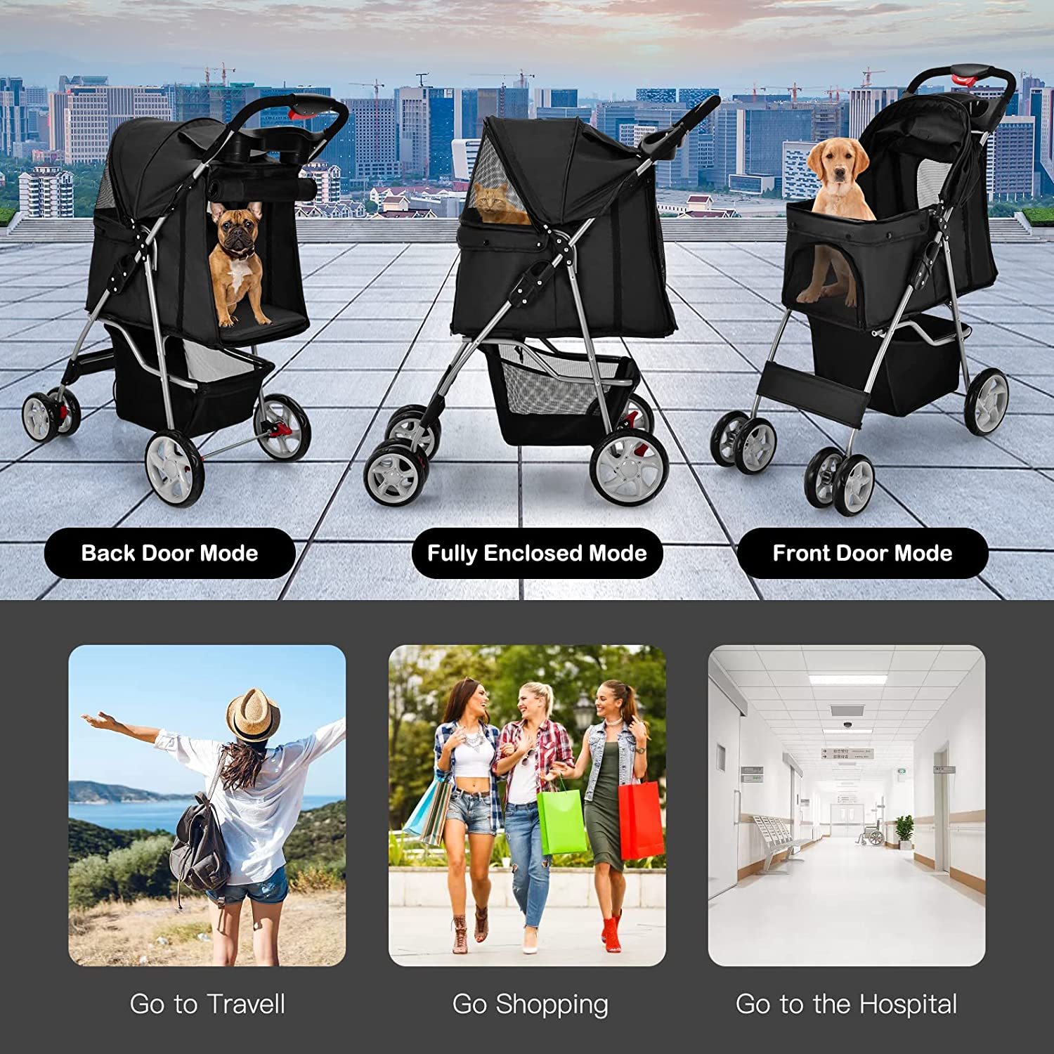 Folding Dog Stroller， Pet Stroller for Small Medium Dogs Cats Puppy， 4 Lockable Wheels Cat Stroller Travel Carrier Strolling Cart with Safety Belt， Removable Liner and Storage Basket (Black)