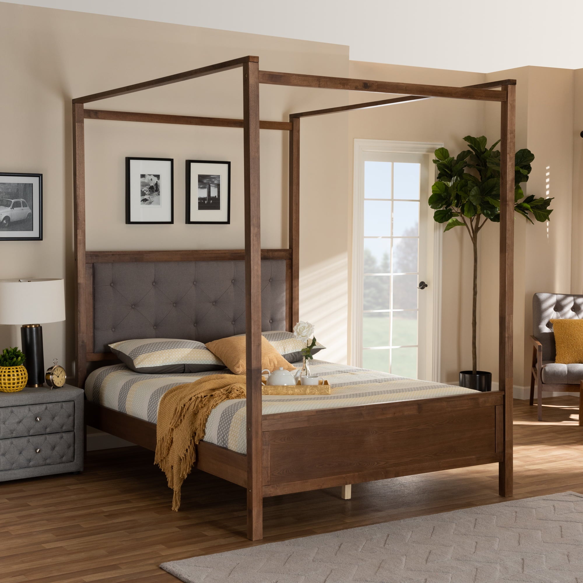 Baxton Studio Natasha Modern And Contemporary Grey Fabric Upholstered And Walnut Brown Finished Wood Queen Size Platform Canopy Bed