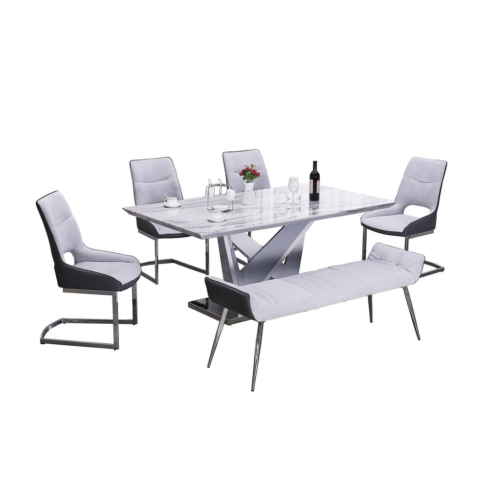 Best Quality Furniture Light Grey Faux Marble Dining Sets in Velvet