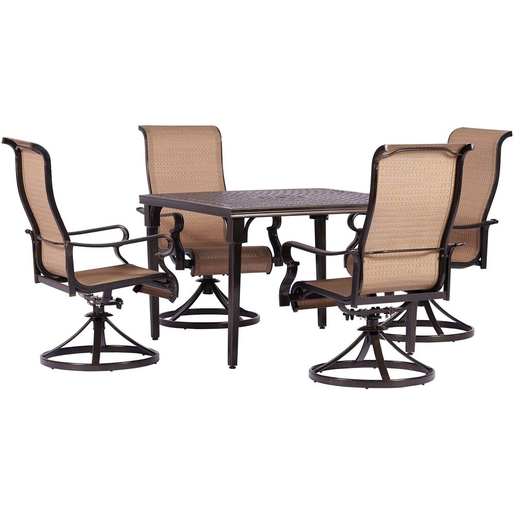 Hanover Brigantine 5 Piece Outdoor Dining Set with 4 Contoured Sling Swivel Rockers and a 42 In. Square Cast Top Table