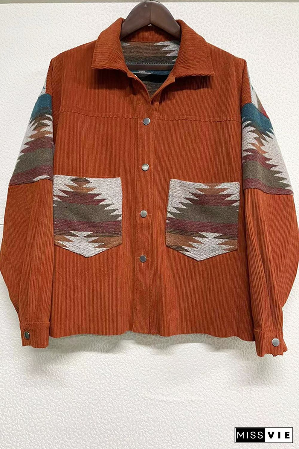 Brown Open Button Aztec Patchwork Corduroy Jackets