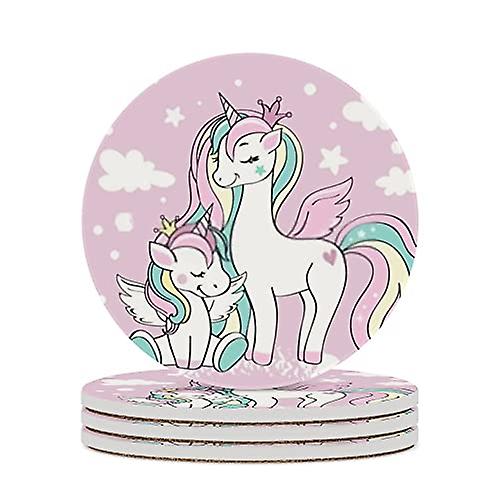 Round Drink Coasters 6 Pcs Beautiful Unicorn Mother With Baby Absorbent Ceramic Coaster With Cork Base For Coffee Cups Housewarming Gift For Home Deco