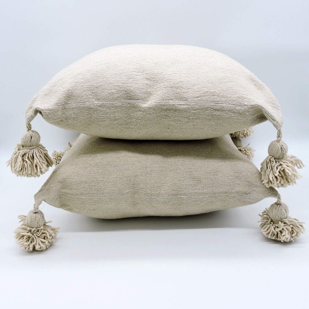 Moroccan Handmade Cotton PomPom Throw Pillow Cover Beige 19 x 19 Inches.