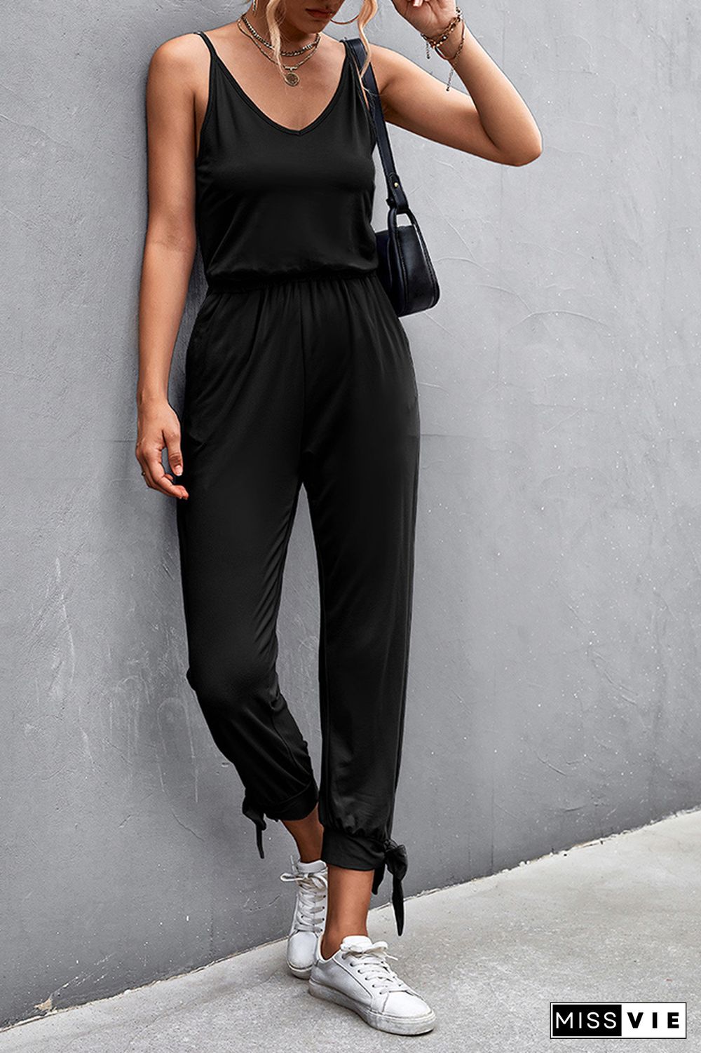 V-Neck Sleeveless Slit Tie Long Jumpsuit Wholesale