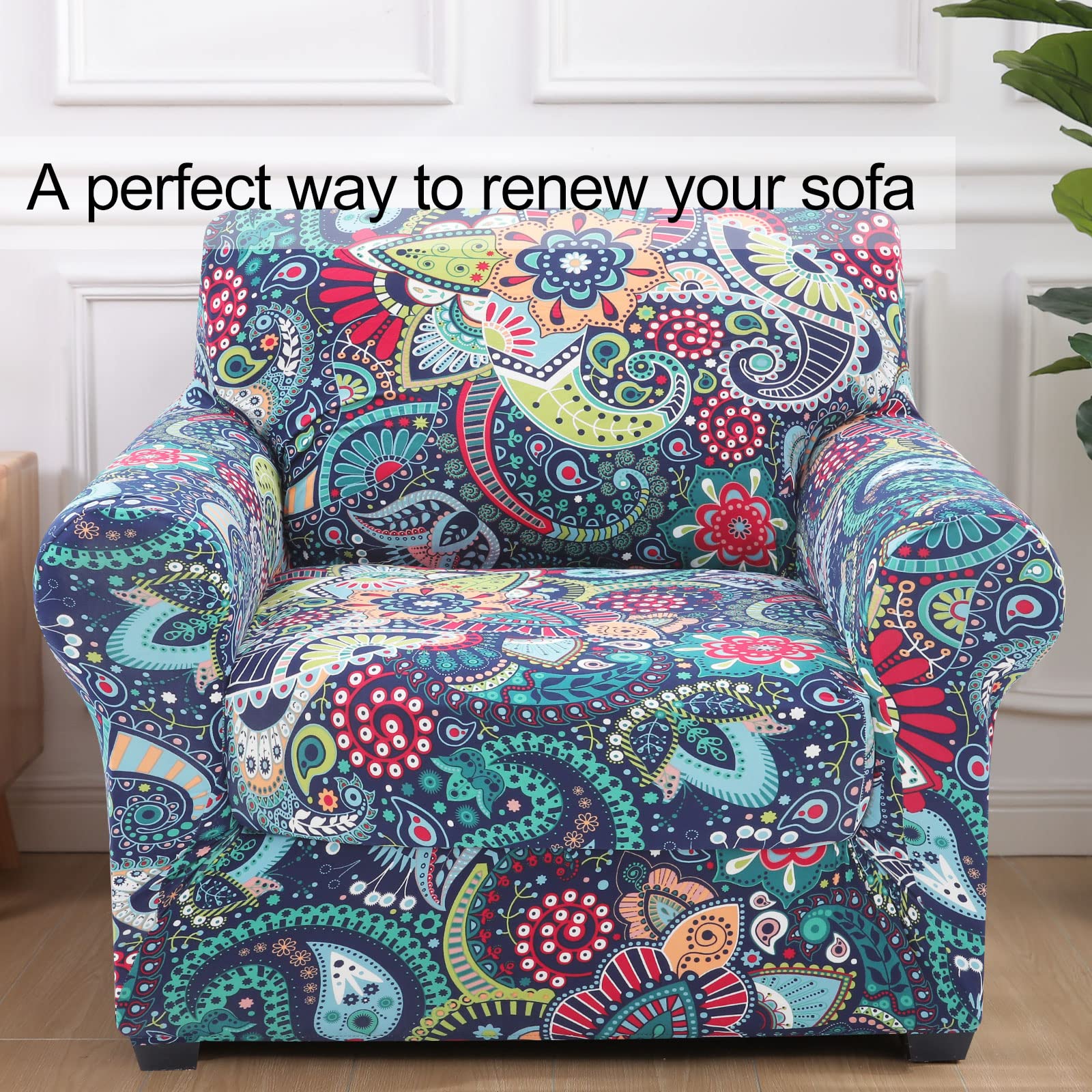 Smiry Couch Chair Cover with 1 Separate Cushion Cover, Stretch Elastic 1-Seater Sofa Cover, Paisley Floral