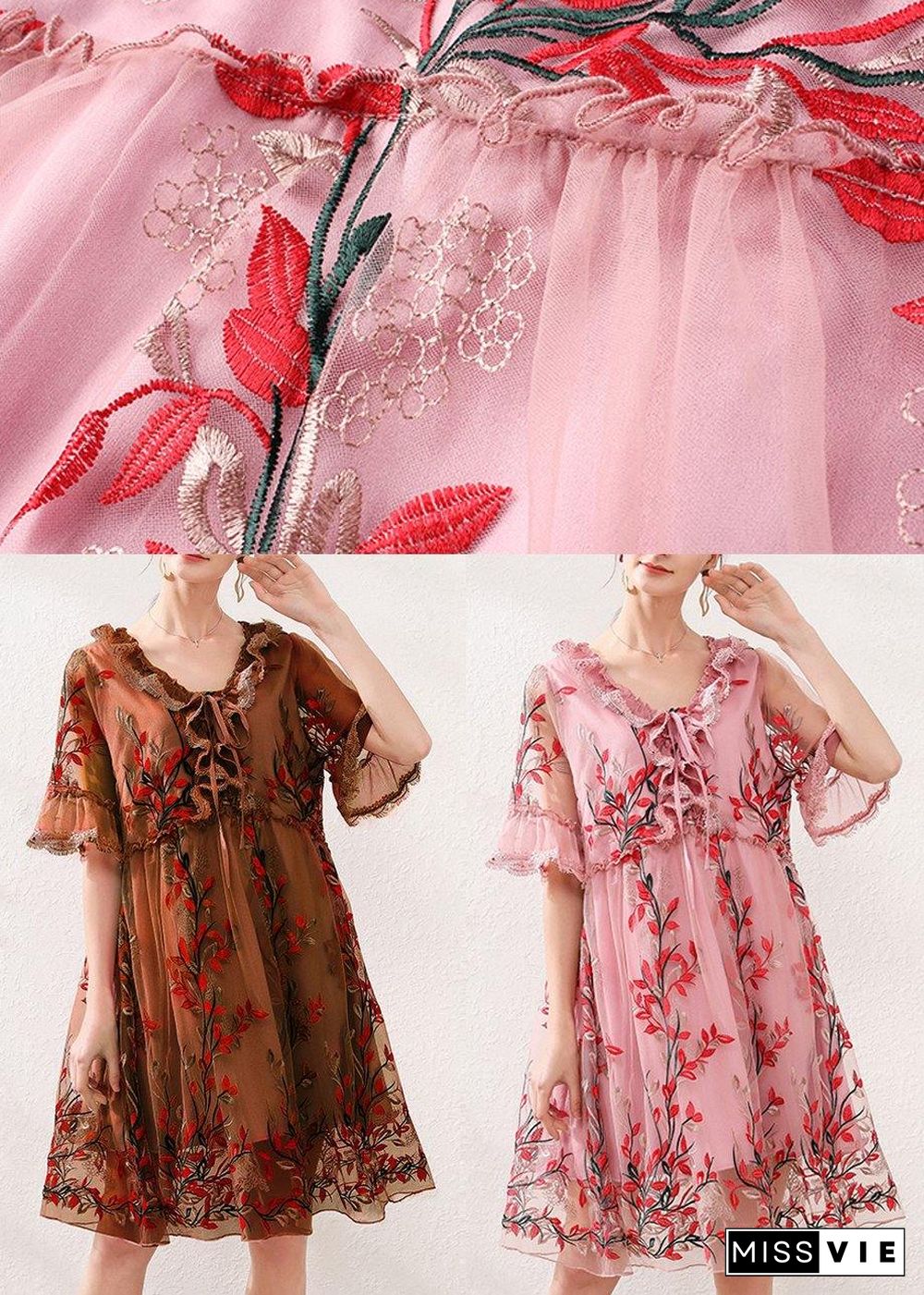 Organic Chocolate Embroidery Lace Butterfly Sleeve Summer Robe Dresses