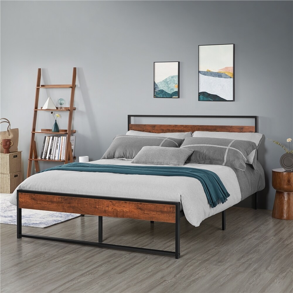 Yaheetech Rustic Metal Platform Bed Frame Sturdy Slatted Bed Base