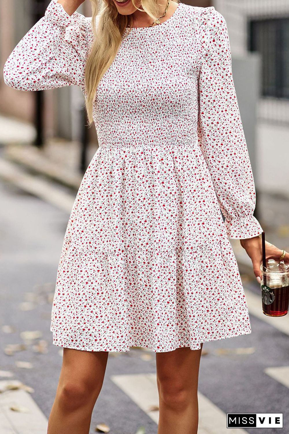 Smocked Puffy Long Sleeves Floral Dress