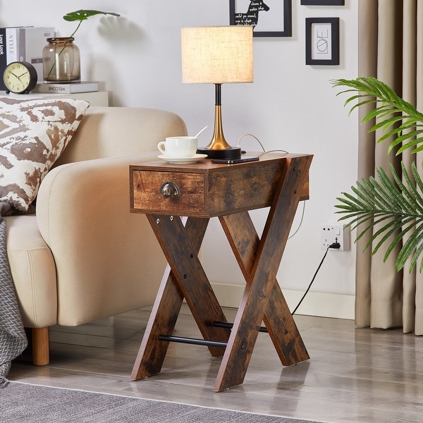 Nightstand with USB Ports End/Side Table with Charging Station Narrow Side Table for Living Room， Bedroom and Small Spaces