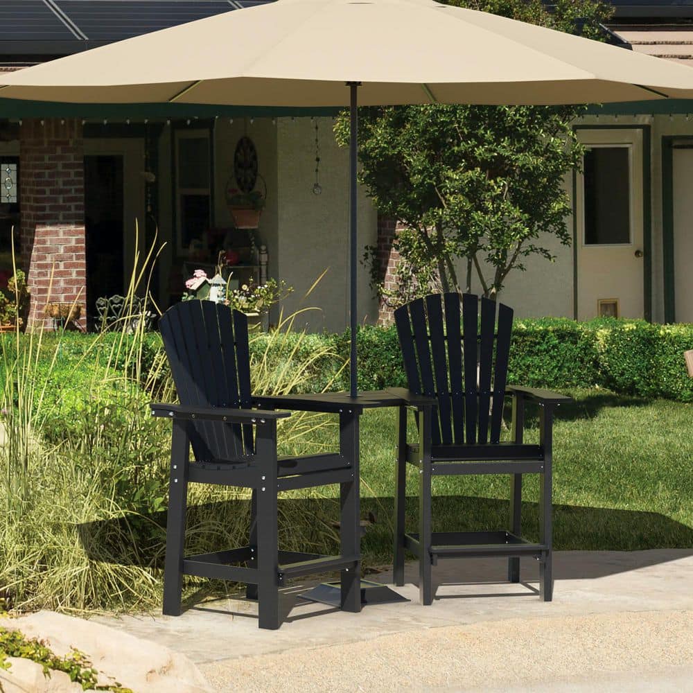 All-Weather HDPE Plastic Outdoor Bar Stools with Removable Umbrella Hole Table in Black (2-Pack) X-BC-HE01-BK