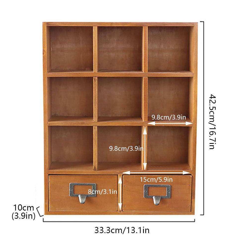 YIYIBYUS Brown Wooden Shelf with 2 Drawers Desktop Storage 9-Cube Organizer HG-HSLT-5697