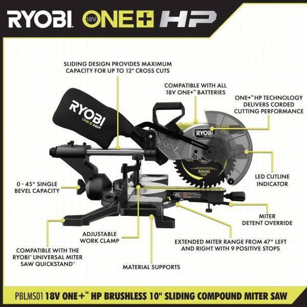 RYOBI ONE+ HP 18V Brushless Cordless 10 in. Sliding Compound Miter Saw (Tool Only) PBLMS01B