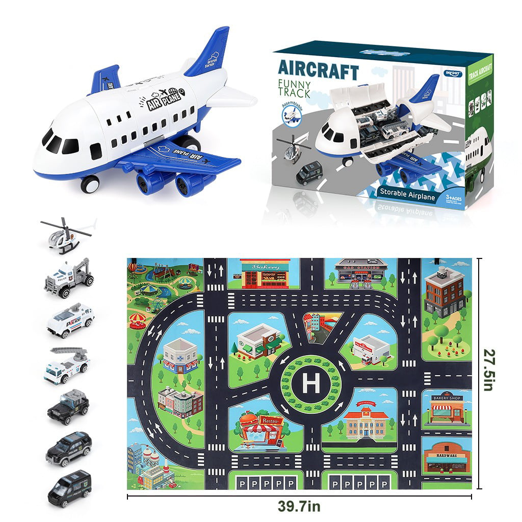 Airplane Toy Large Transport Cargo Plane STEM Toy Play Mat 7 Pieces Police Mini Toys Cars Helicopter for Kids Toddlers Child 2-6 Year Old Boys Gift