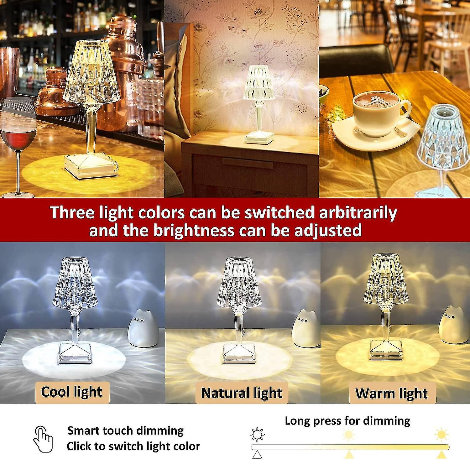 Crystal Table Lamp Dimmable Light， Usb Rechargeable Lamp For Bedroom， Small Table Lamp For Bedroom L