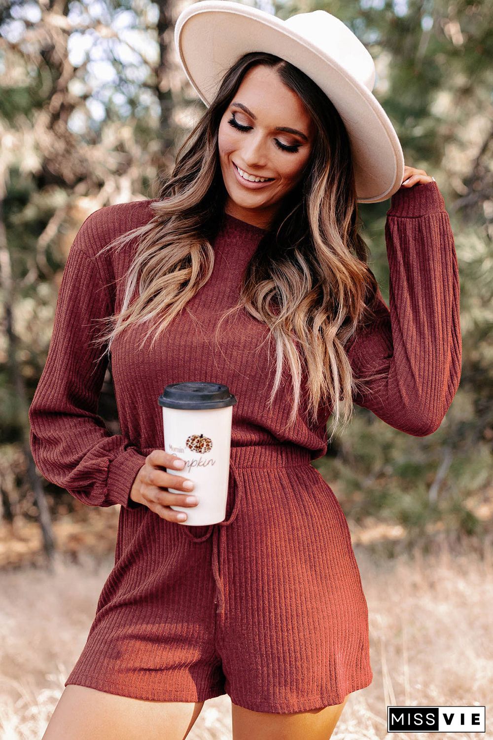 Red Ribbed Long Sleeve Romper