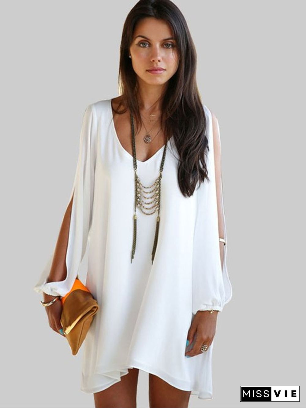 Chiffon Dress V-neck A-line Dress White Dresses