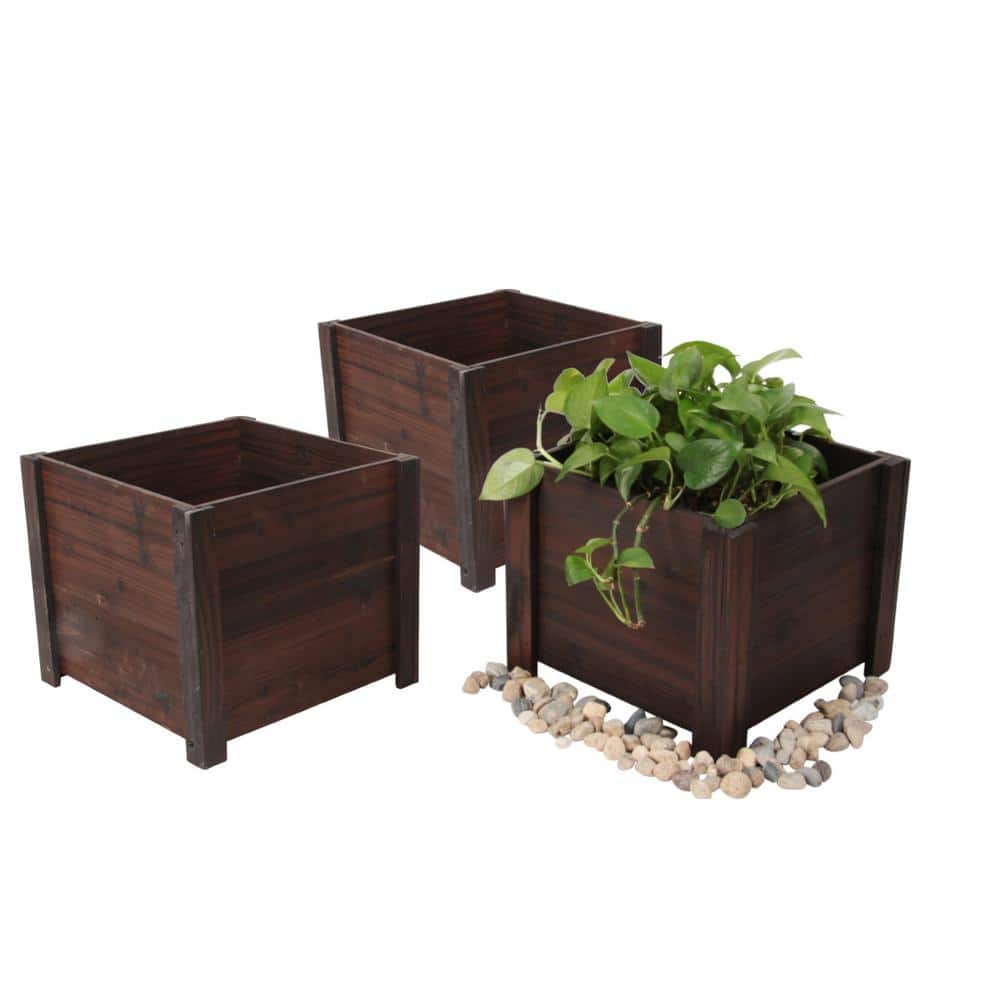 Leisure Season Medium 12 in. W x 12 in. D x 10 in. H Square Wooden Brown Planter (3-Pack) SQP120S-B