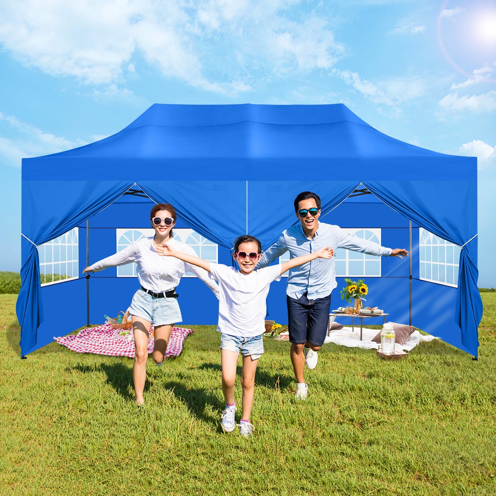 10'x20' Pop Up Canopy Waterproof Folding Tent Outdoor Easy Set-up Instant Tent Heavy Duty Commercial Wedding Party Shelter with 6 Removable Sidewalls, 6 Sandbags, Roller Bag, Blue