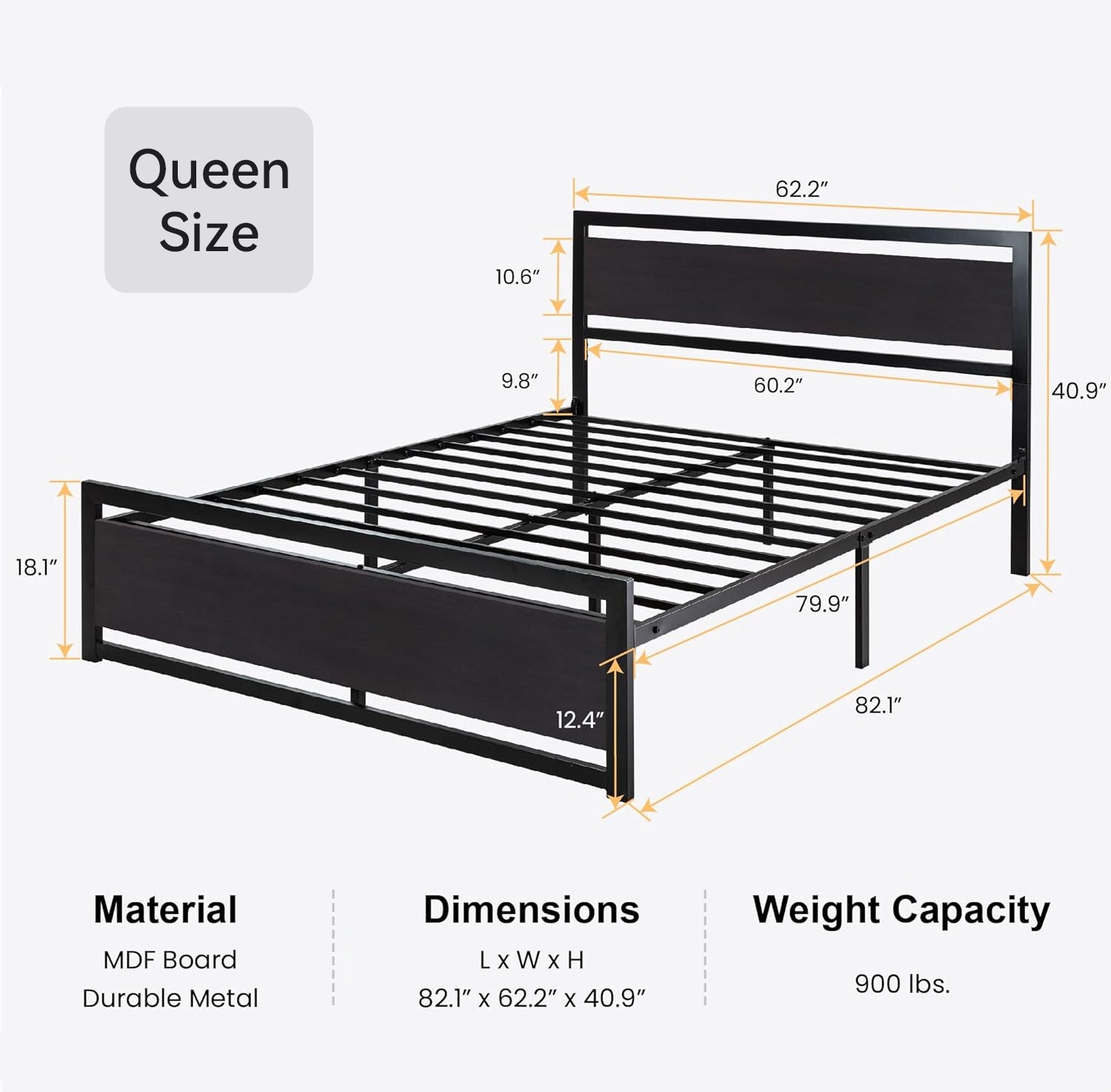 Bed Frame with Wooden Headboard & 13 Strong Metal Slats Supports Bed Frame Heavy Platform Metal