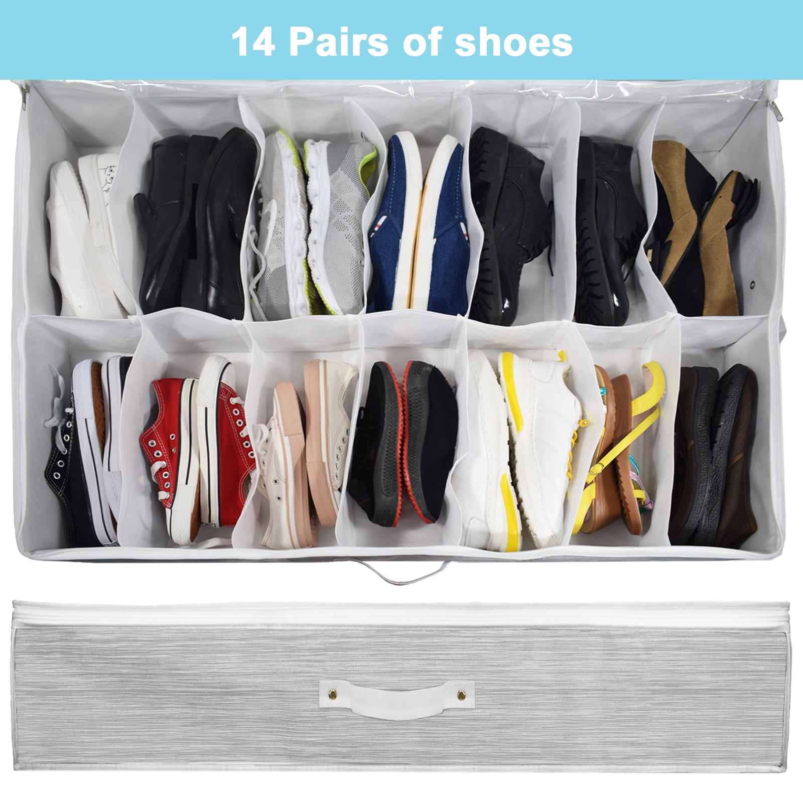 Homfort Shoe Organizer Under Bed， Fabric Underbed Shoe Storage Boxes Holder for Closet， Men Women Kids Shoes， High Heels， Short Boots， Sneakers， White， Set of 2