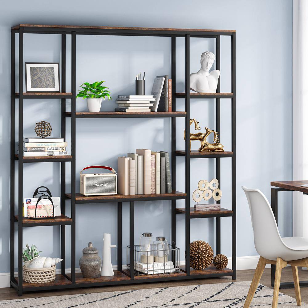 BYBLIGHT 70.86 in. Brown Practical Board 12-Shelf Etagere Bookcase with Storage and Industrial Style Display Shelves BB-XX1199YY