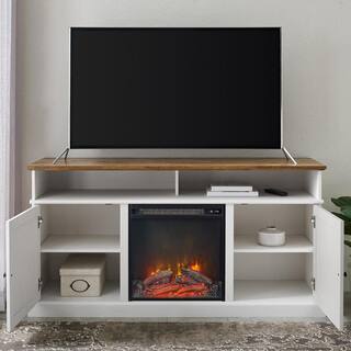 Welwick Designs 60 in. Reclaimed Barnwood and Brushed White Wood X Door TV Stand Fits TVs up to 65 in. with Electric Fireplace HD8758