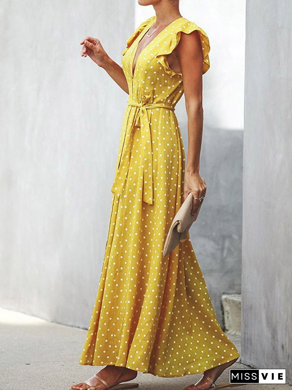 V-neck Ruffle Sleeve Wrap Maxi Dress P16306