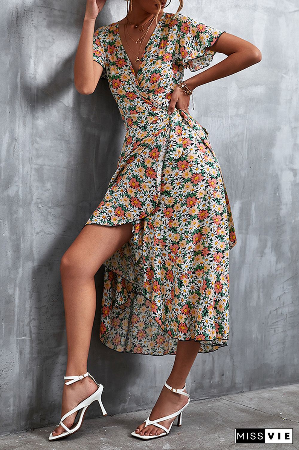 Floral Print V Neck Short Sleeve Dress Wholesale