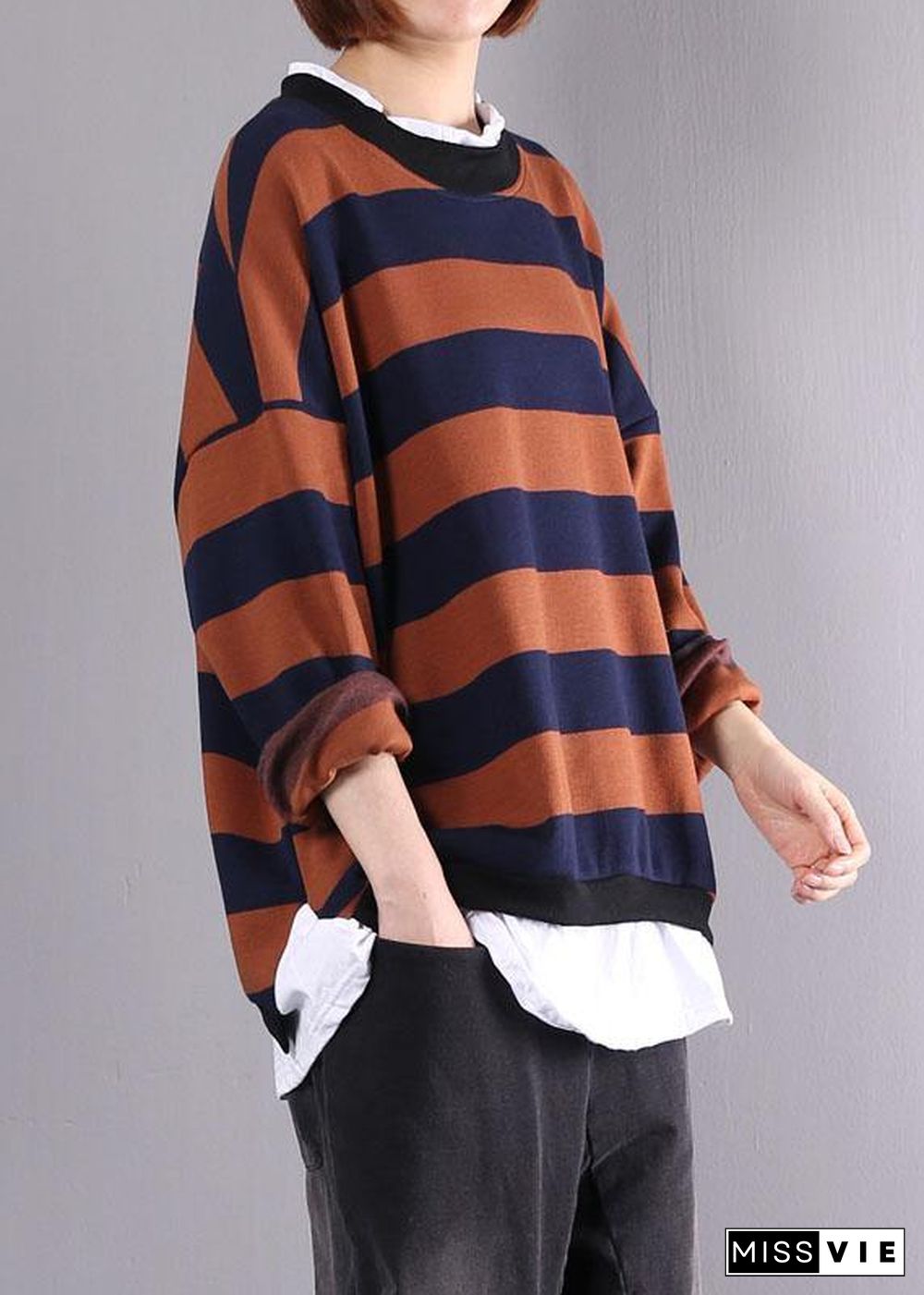 Women khaki striped cotton tunics for women false two pieces daily autumn shirt