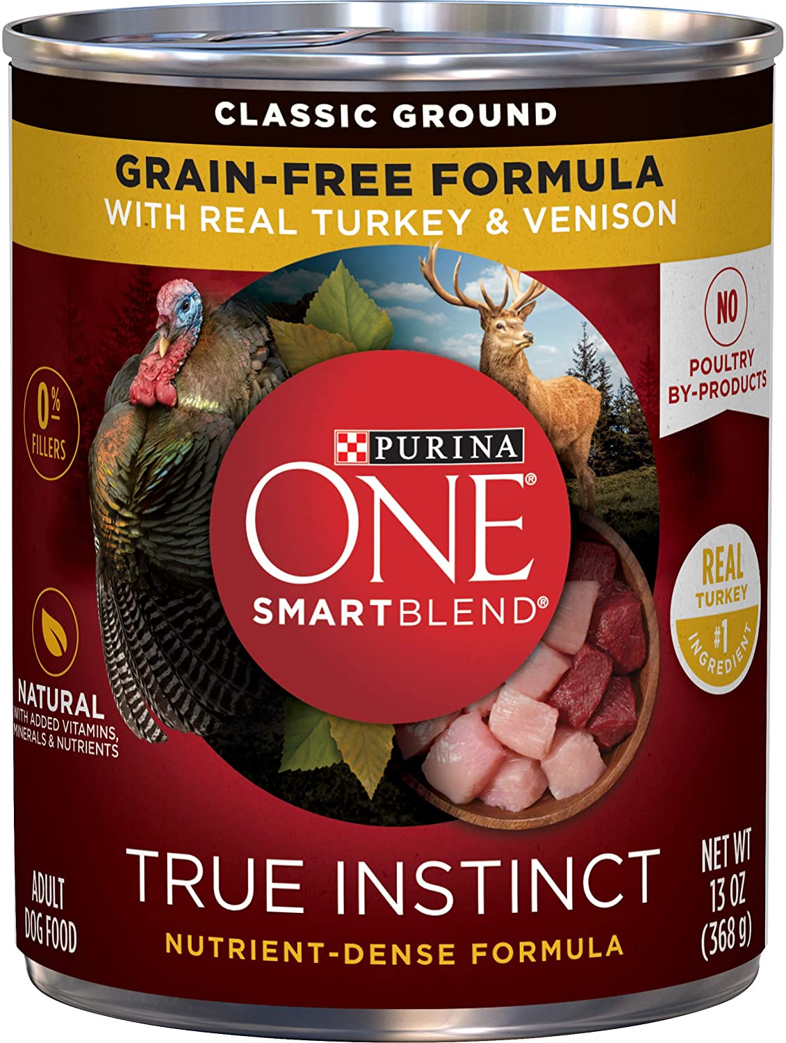 Purina ONE Grain Free， Natural Pate Wet Dog Food， SmartBlend True Instinct With Real Turkey and Venison - (12) 13 oz. Cans