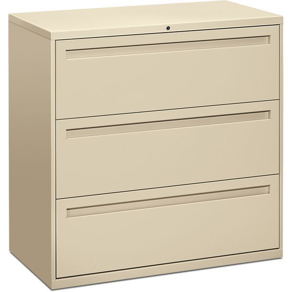 HON 700 Series Three-Drawer Lateral File， Letter/Legal/A4， 42w x 18d， Putty