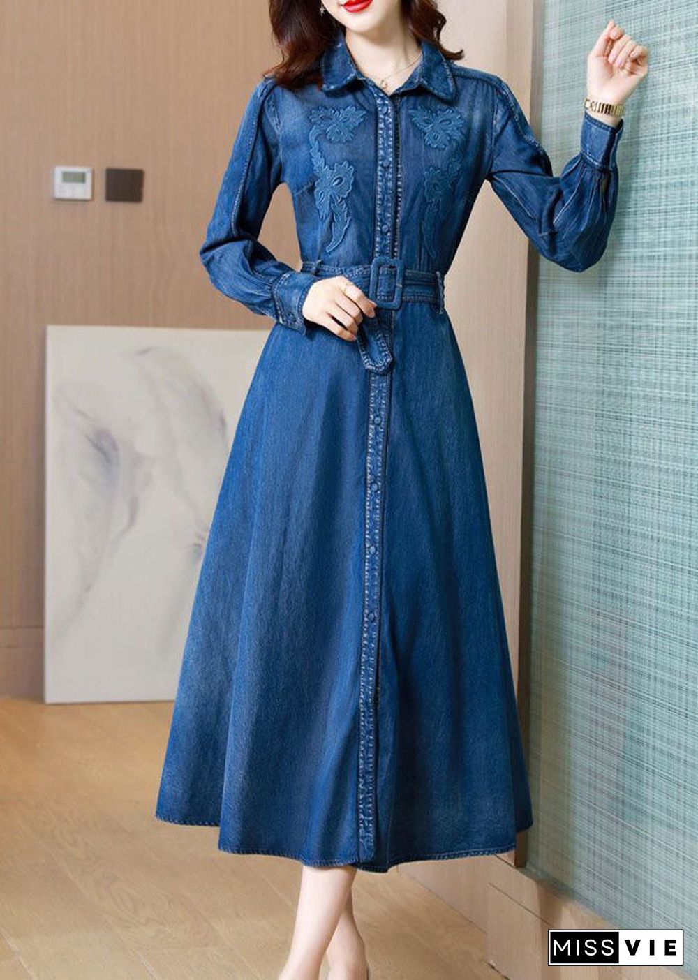 Italian Denim Blue Embroideried Exra Large Hem Cotton Cinched Dress Spring