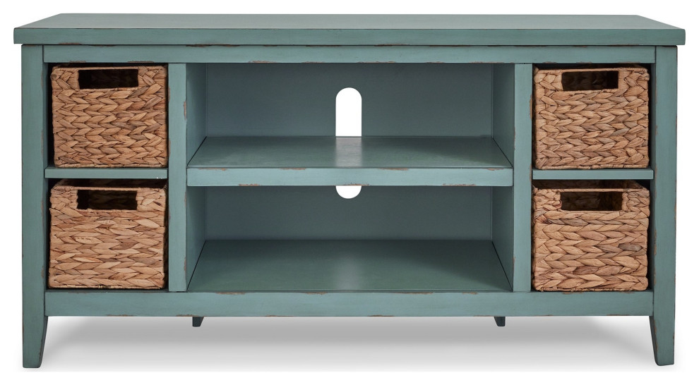 Benzara BM283303 47 quotRustic TV Entertainment Console Open Shelf 4 Baskets  Blue   Beach Style   Entertainment Centers And Tv Stands   by Homesquare  Houzz