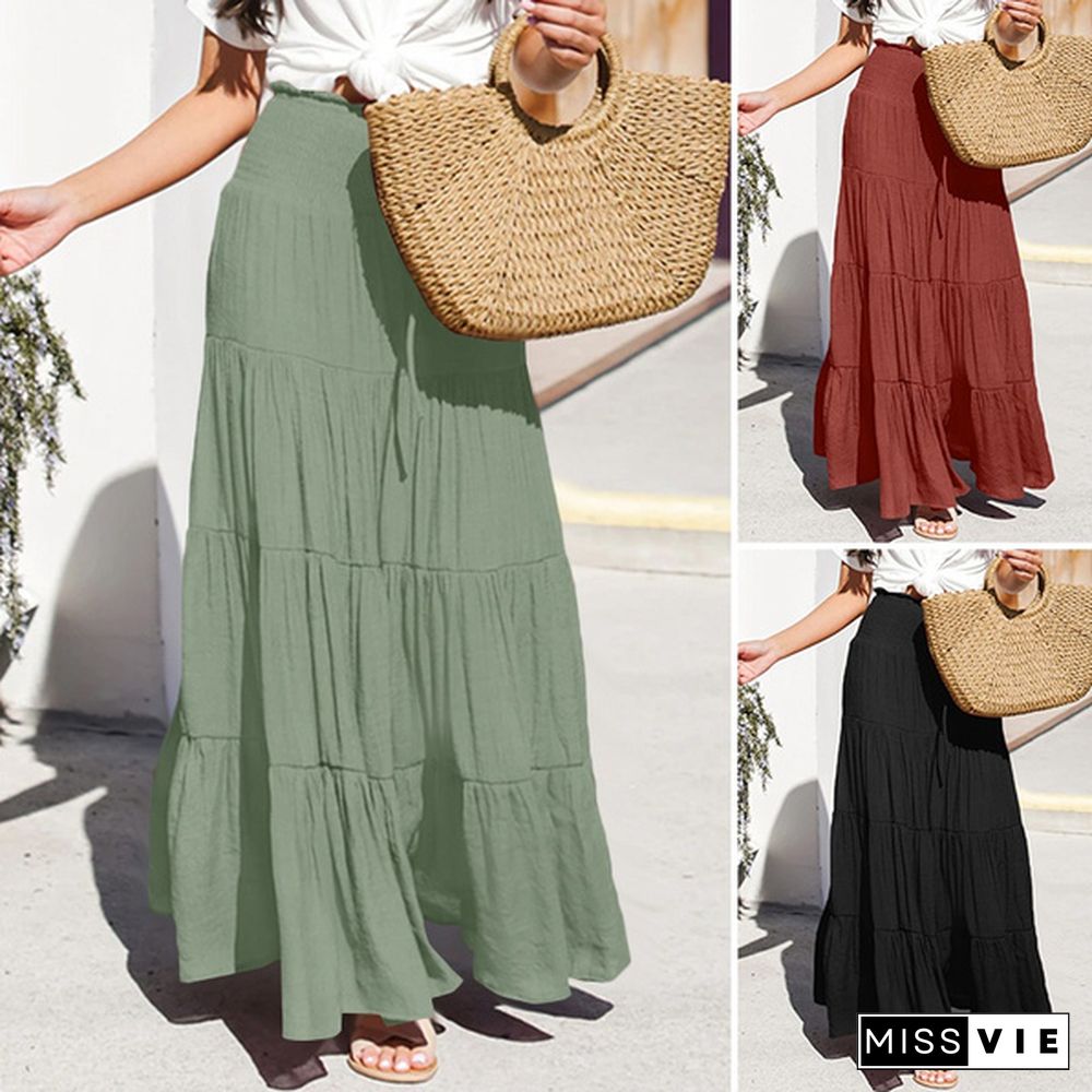 ZANZEA Women Summer Elastic Waist Casual Loose Party Evening Long Skirts Tiered Maxi Dresses