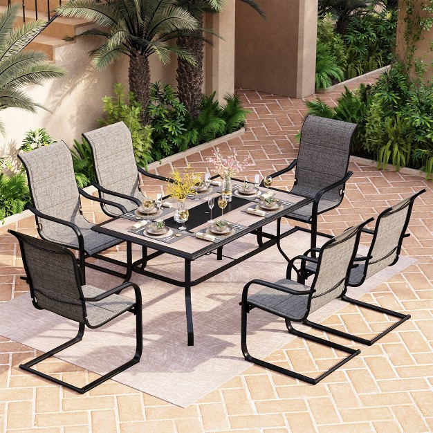 7pc Patio Dining Set With Rectangular Table With Umbrella Hole amp C spring Motion Chairs Captiva Designs