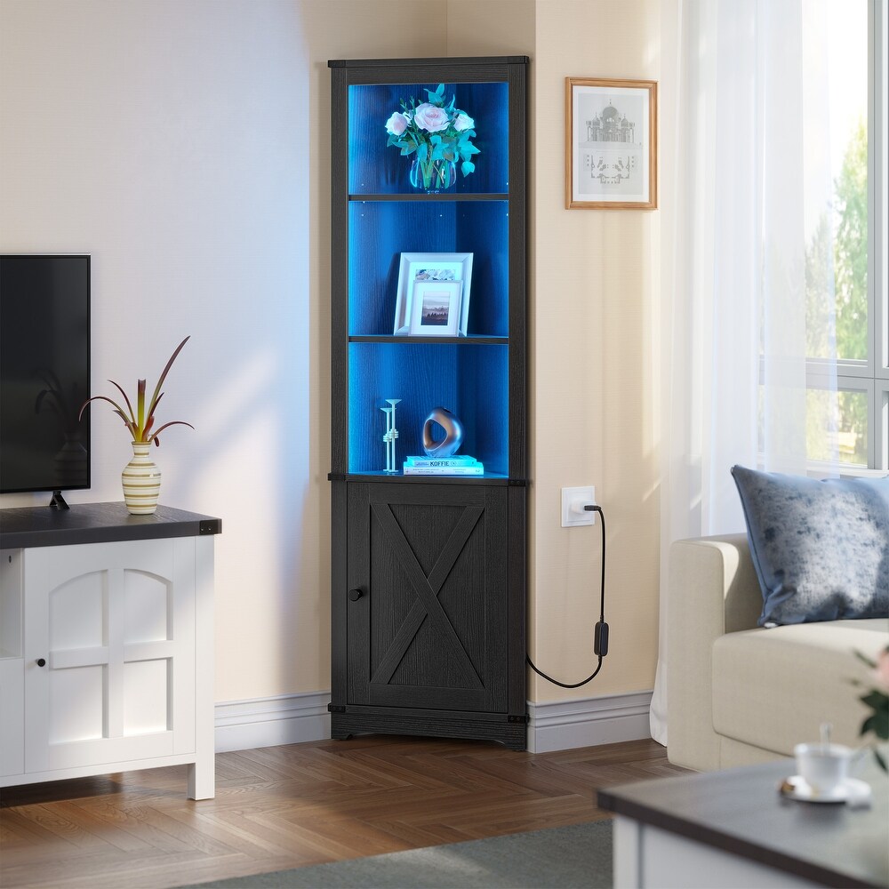 Moasis LED Corner Storage Cabinet with Light Farmhouse Tall Corner Cabinet with Barn Door Design