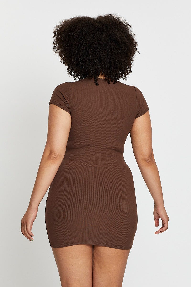 Brown Short Sleeve Green Rib Basic Dress