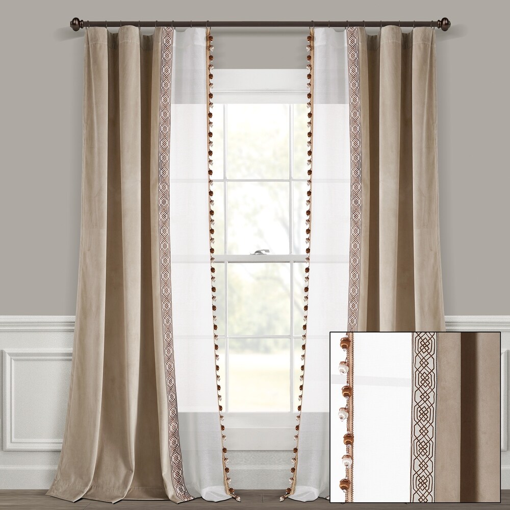 Lush Decor Luxury Vintage Velvet And Sheer With Border Pompom Trim Window Curtain Panel Single