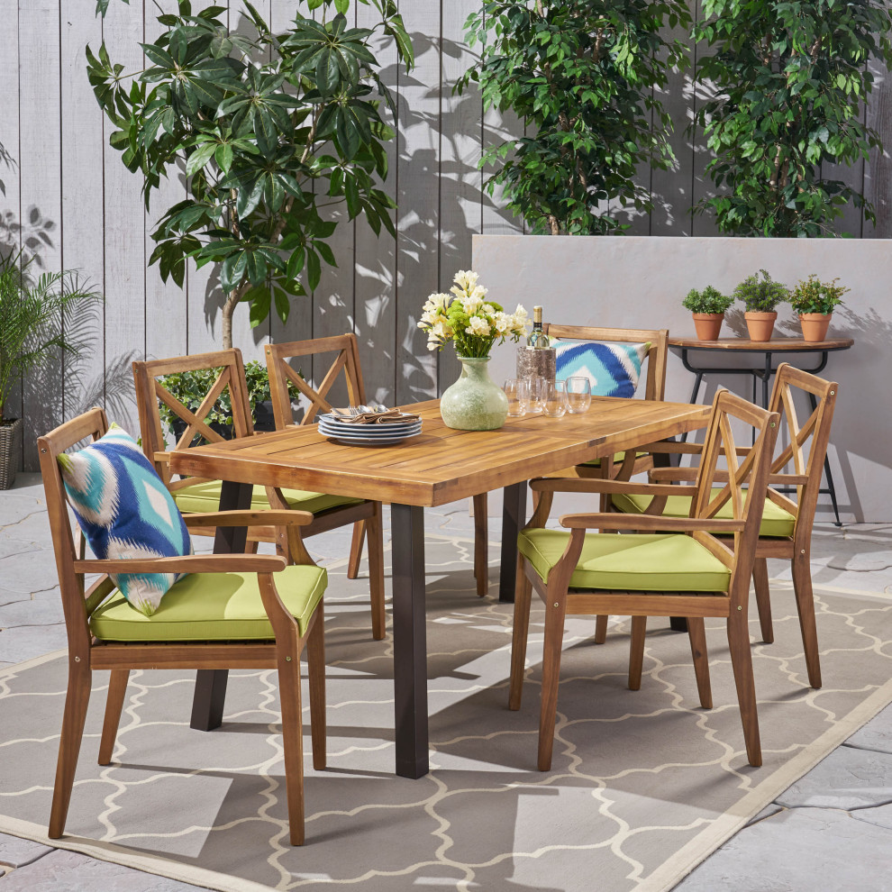 GDF Studio 7 Piece Justin Outdoor Wood Dining Set   Transitional   Outdoor Dining Sets   by GDFStudio  Houzz