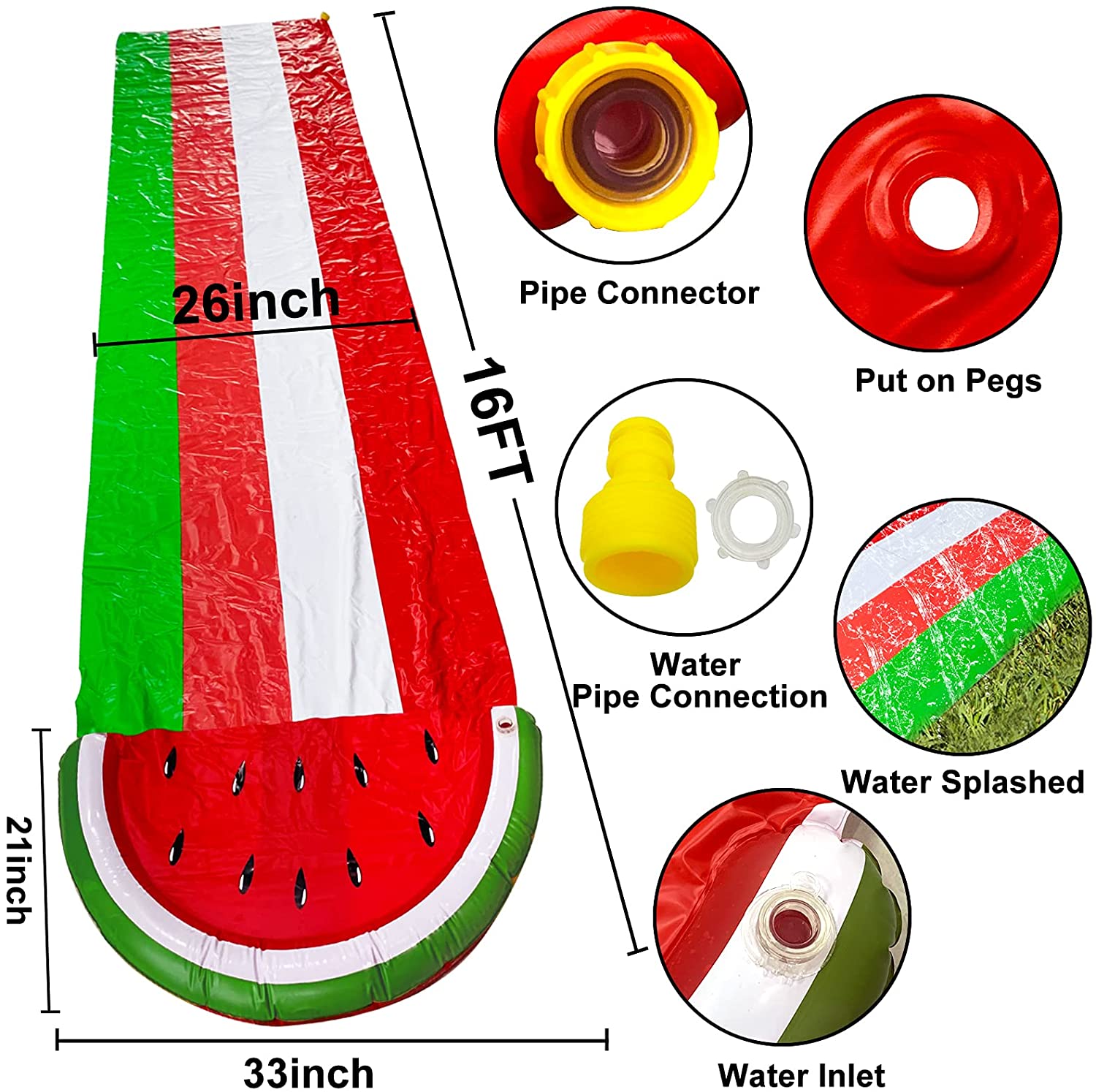 Intera 16 Ft Watermelon Slip Slide Lawn Water Slides with Sprinkler Inflatable Crash Splash Pad Outdoor Water Toys for Kids Toddlers Children Backyard Summer Beach Swimming Pool Games Party Toys