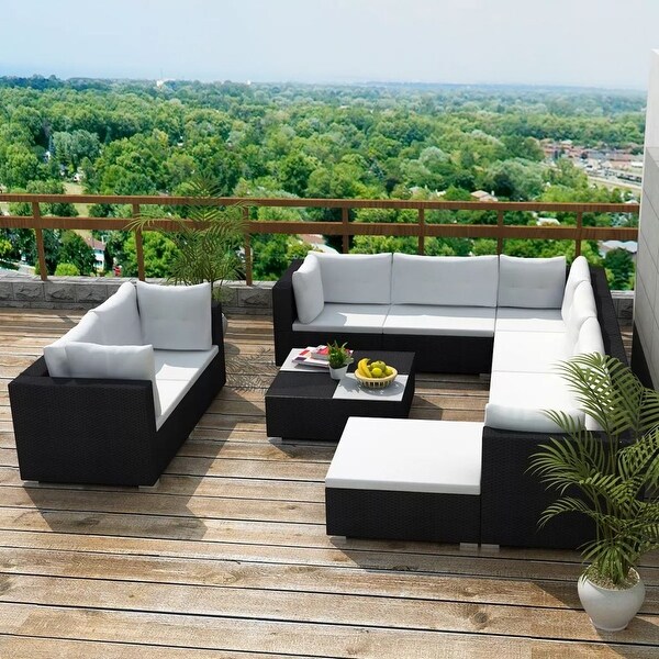 10 Piece Garden Lounge Set with Cushions Poly Rattan Black - Overstock - 35107909